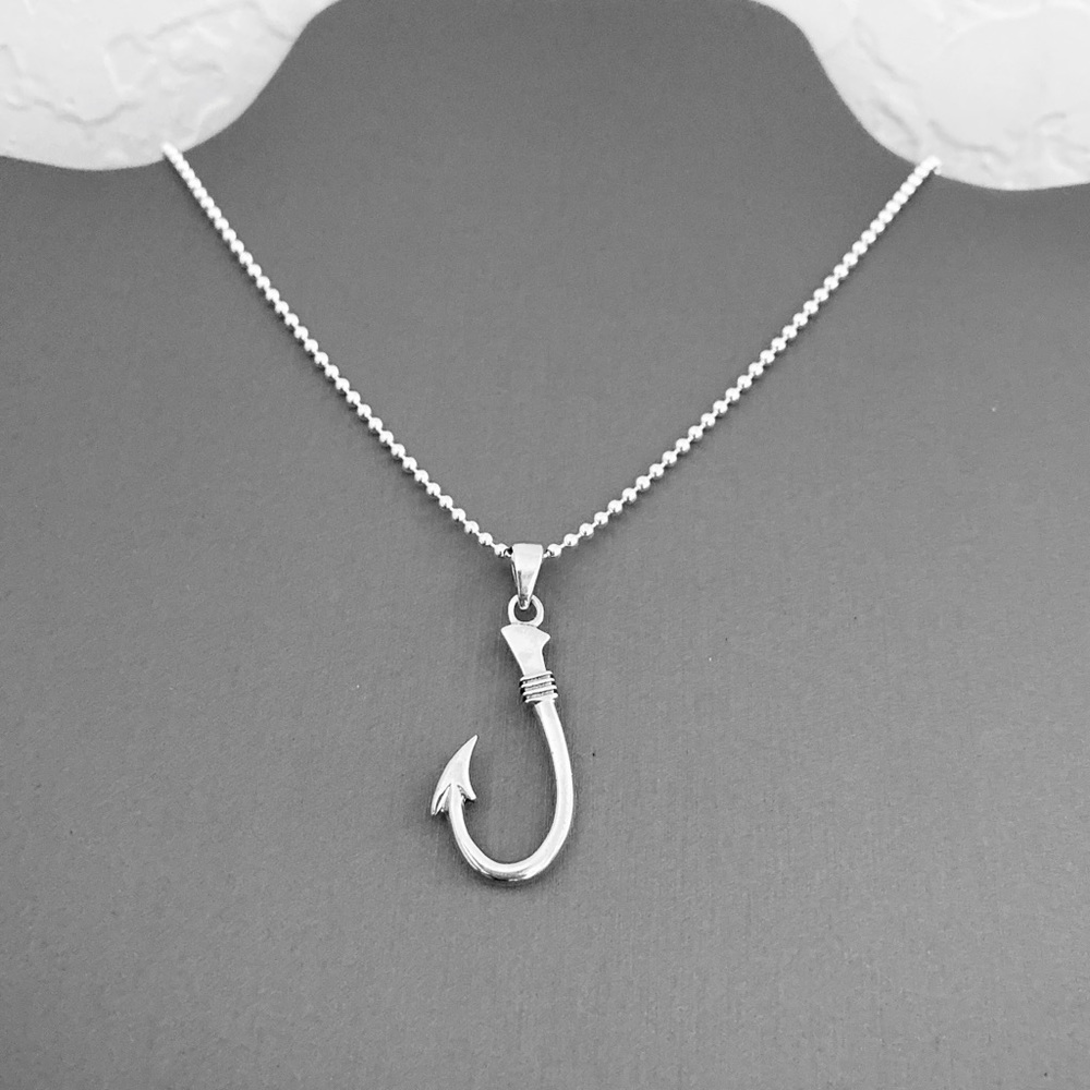 Sterling Silver Unisex Fish Hook Necklace, Fishing Chains, Fisherman Necklaces